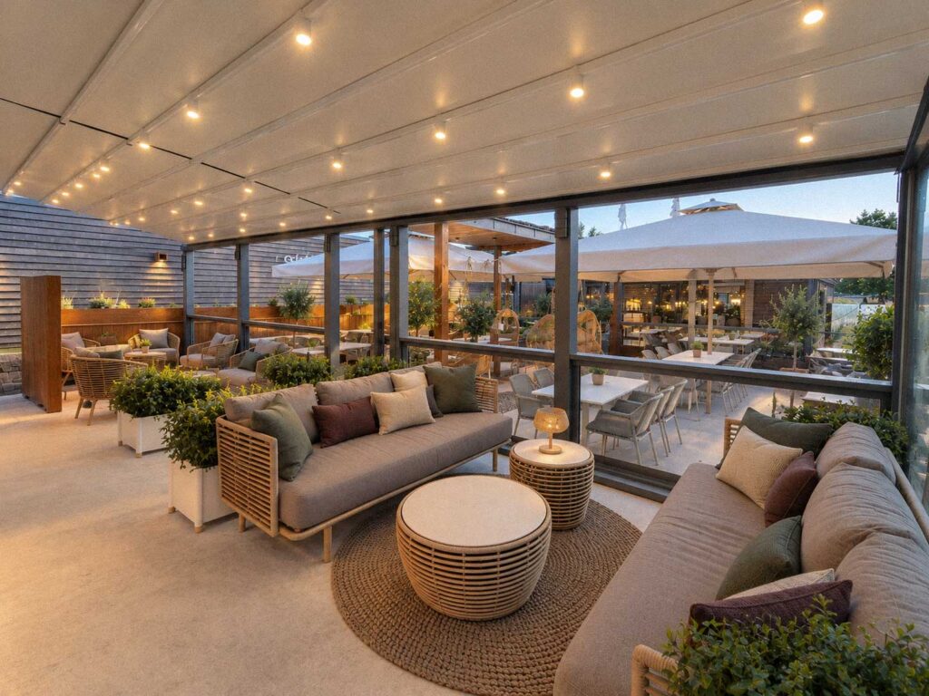 Beige loungemøbler på en glasafskærmet terrasse med lys i pergolataget.
