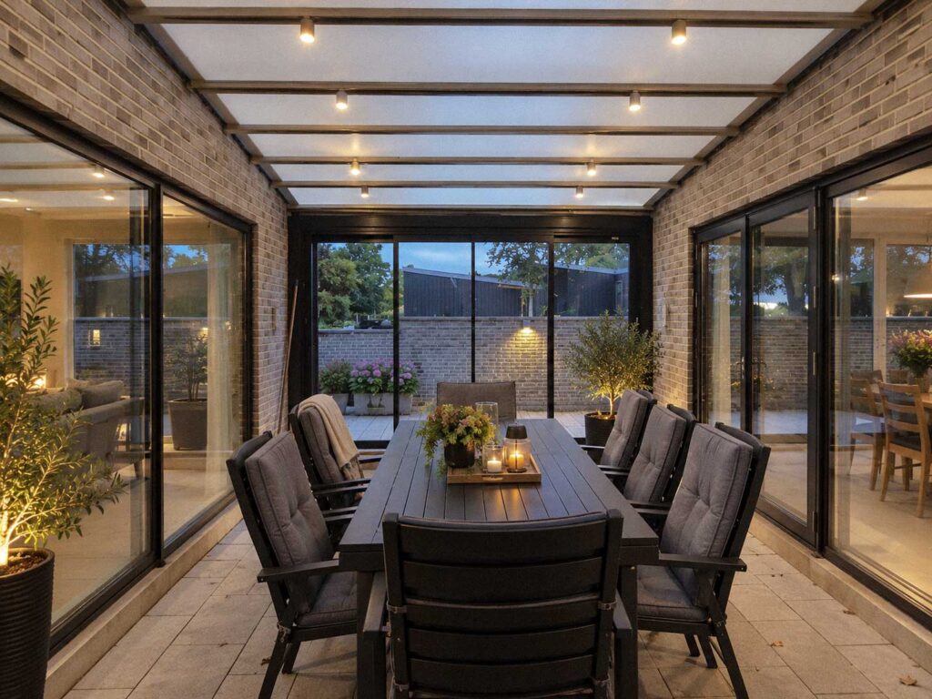 Langt spisebord under en mørk pergola med glasafskærmning mellem murstensvægge.
