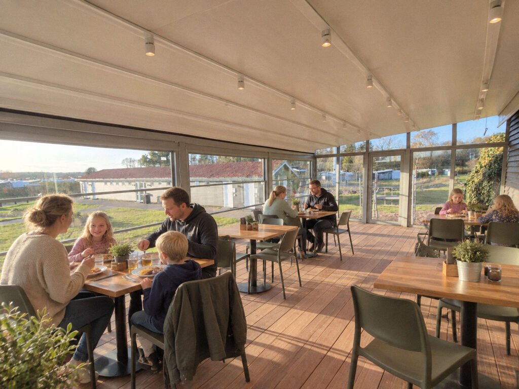Gæster i fletstole under en hvid pergola på en træterrasse med glasafskærmning.
