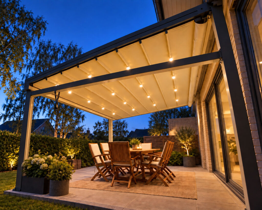 Mørk Ocean-pergola med belyst tag over en spiseterrasse i skumringen.