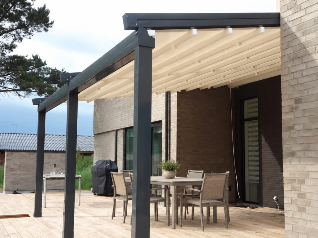 Nærbillede af hjørne, tagrende og stolpe på en mørk Ocean-pergola.