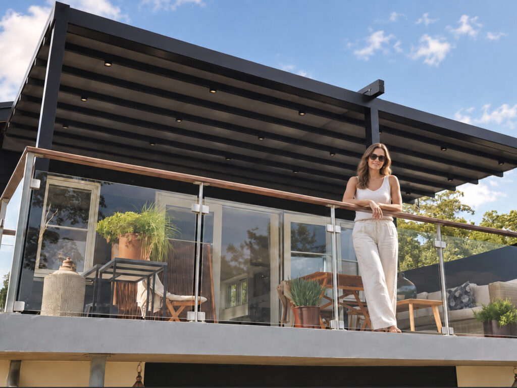 Mørk Ocean-pergola med glaspartier omkring en terrasse, hvor en kvinde står.