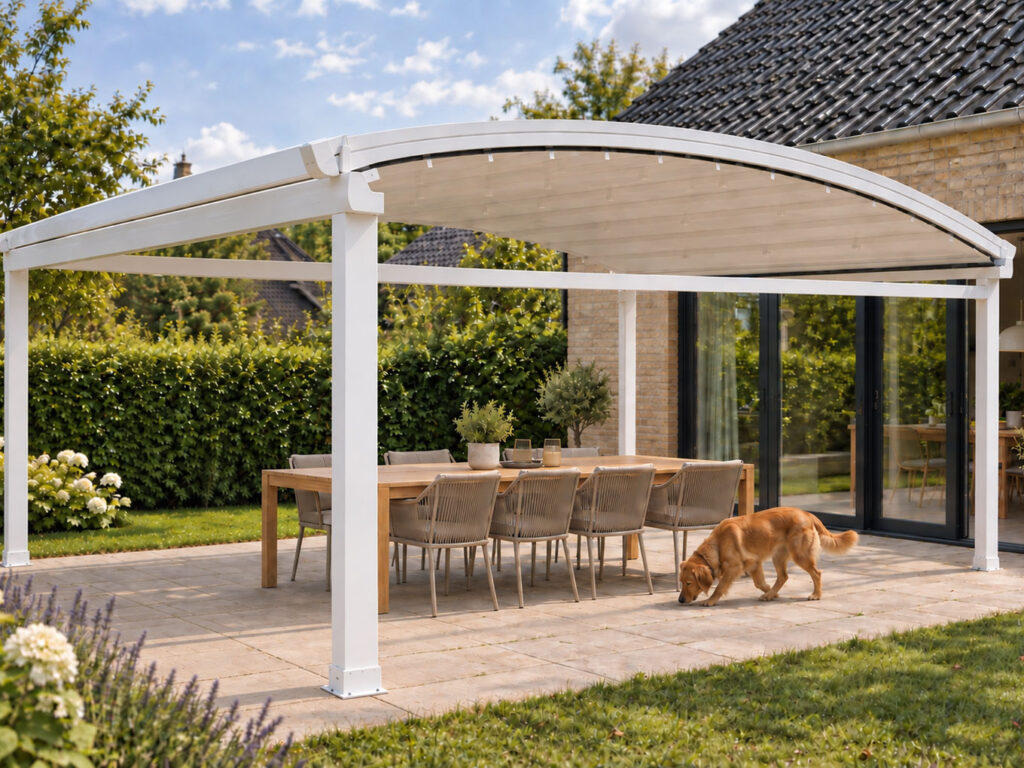Hvid Luna-pergola med glaspartier ved en privat terrasse og en hund på plænen.