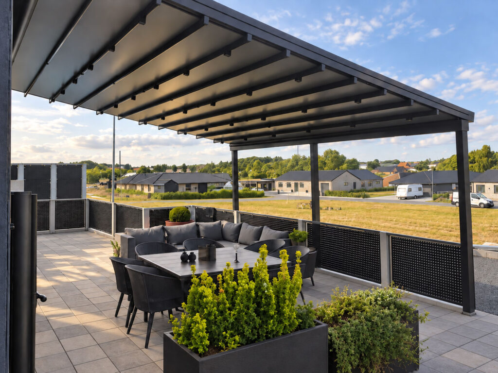 Ocean-pergola set indefra med tilbagetrukket tag, glasafskærmning og udsigt til en grøn plæne.
