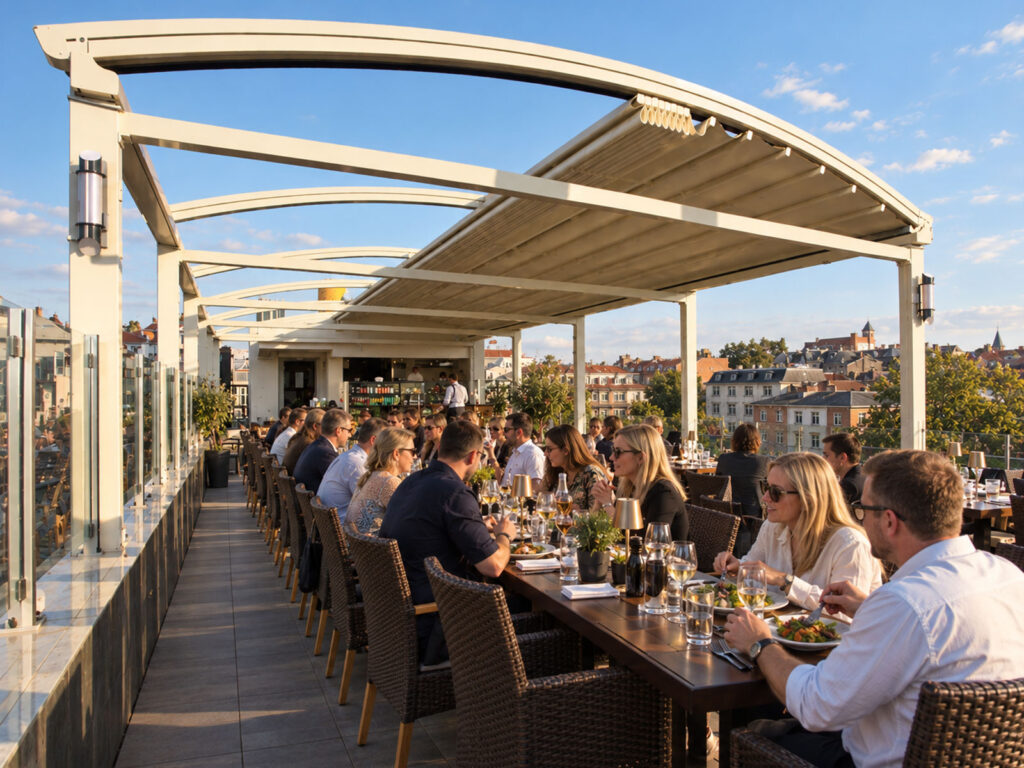 Hvid Luna-pergola med delvist åbent tag over en lang restaurantterrasse i dagslys.