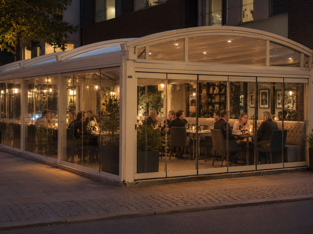 Hvid Luna-pergola med glaspartier og belysning om aftenen, set fra hjørnet.