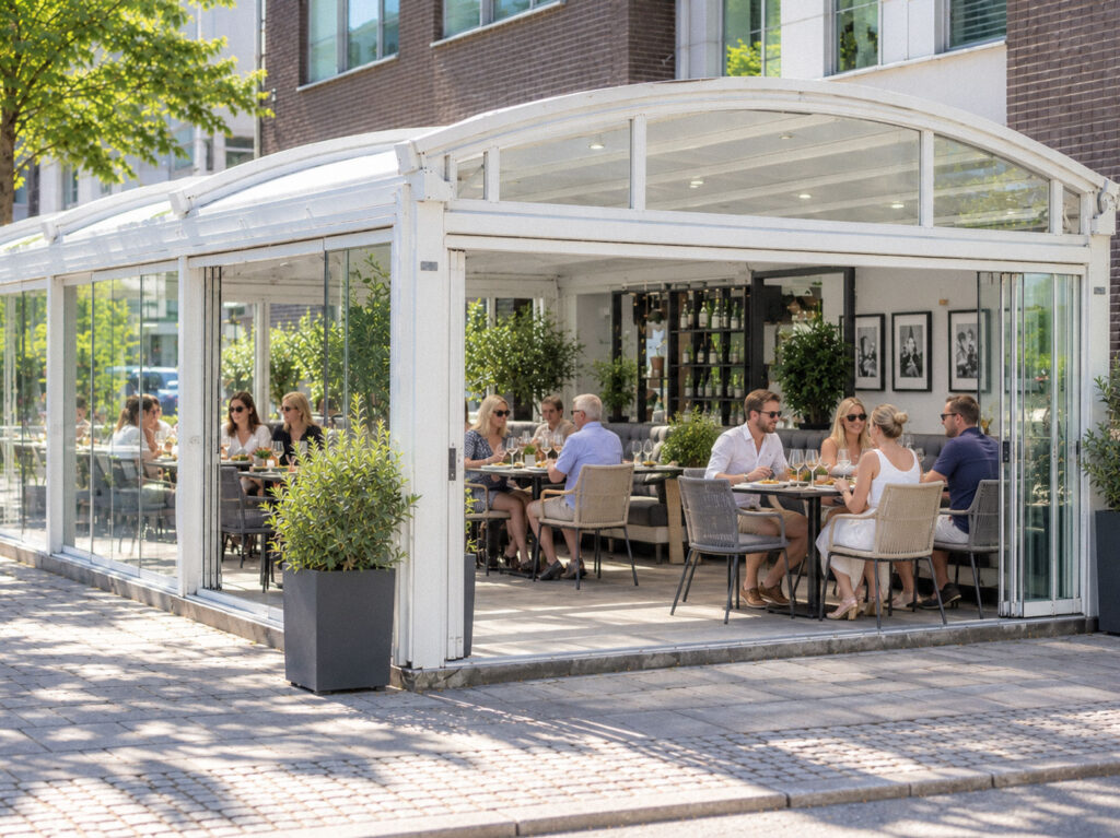 Hvid Luna-pergola med glaspartier og gæster ved en rød murstensbygning i dagslys.