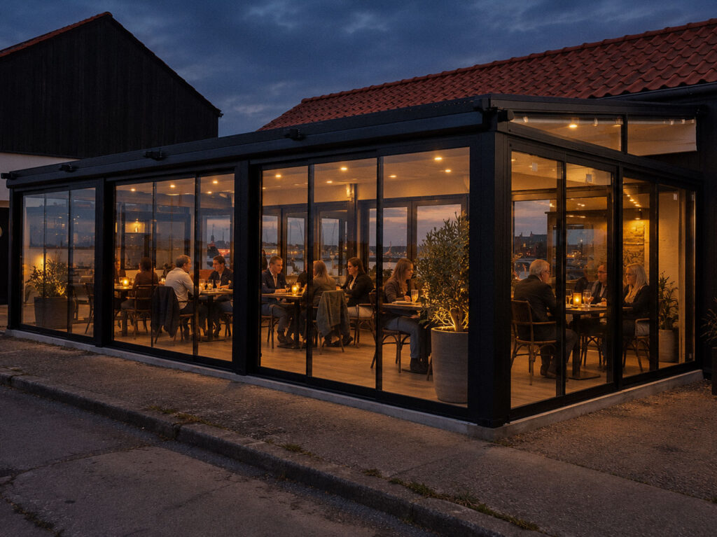 Mørk Ocean-pergola over en restaurantterrasse med tændt belysning om aftenen.