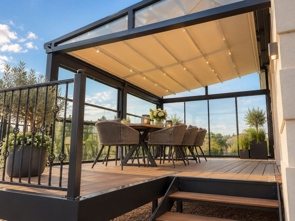 Mørk Ocean-pergola over spisebord og stole på en terrasse ved haven.