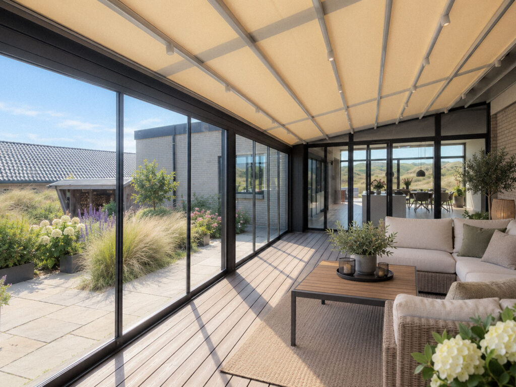 Mørk Ocean-pergola med glaspartier omkring en lounge med udsigt til haven.