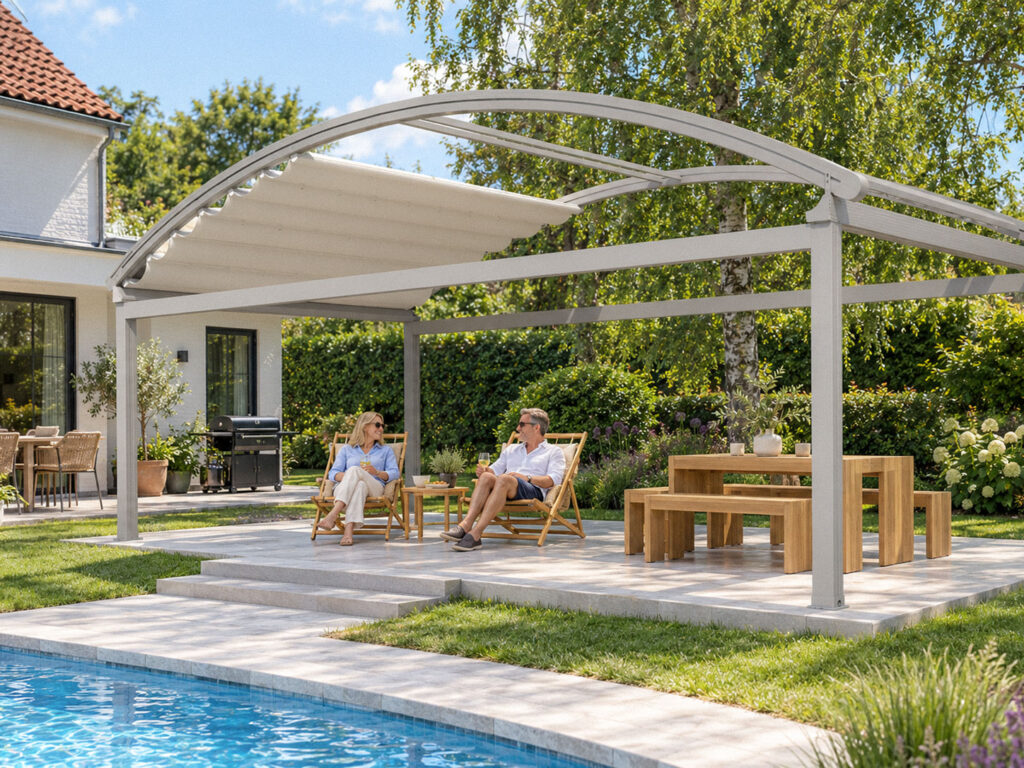 Lys, fritstående Luna-pergola med buet, delvist åbent dugtag og et par i liggestole ved poolen, set skråt forfra.