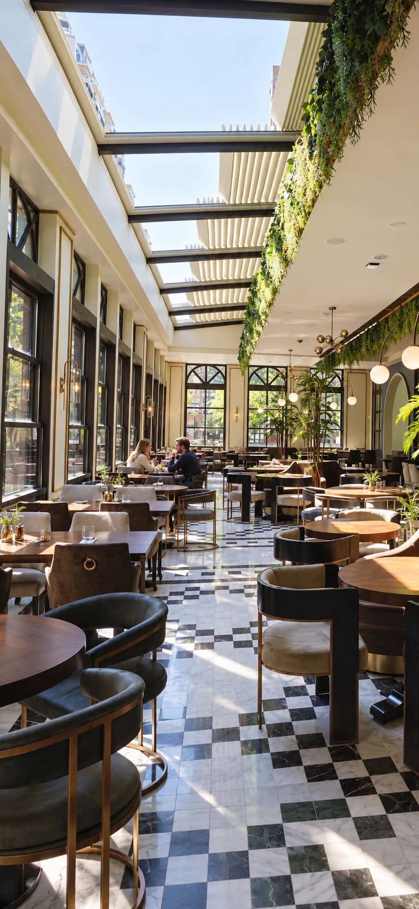 Restaurant med åbent lameltag, grønne planter og gæster