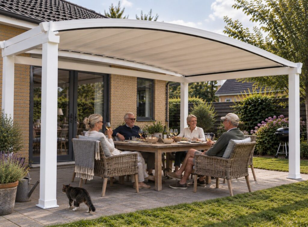 Hvid, fritstående Luna-pergola med buet, lukket dugtag over fire personer ved et havebord på terrassen ved et gult murstenshus.